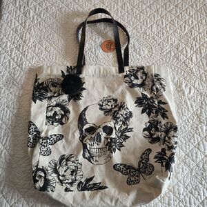 Eccolo Canvas Skull Tote Bag Cream & Black Leather Straps